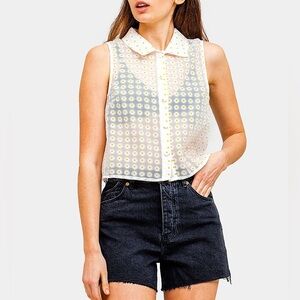 Le Lis White Yellow Daisy Organza Floral Sheer Boho Button Up Cropped Tank Sz M